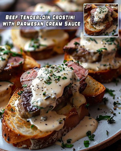 Beef Tenderloin Crostini with Parmesan Cream Sauce – Foodyhealthylife Beef Tenderloin Dipping Sauce, Beef Tenderloin Crostini Appetizers, Beef Tenderloin Appetizers, Beef Tenderloin Sauce, Roast Beef Crostini, Beef Tenderloin Crostini, Tenderloin Crostini, Cheesecake Fruit Salad, Crostini Appetizers