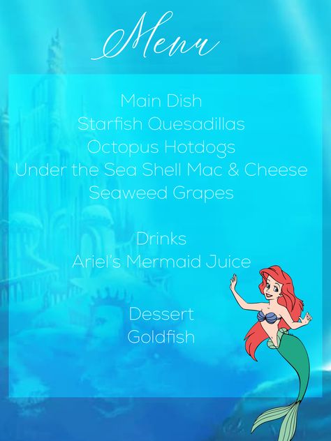 Little Mermaid Movie Night, Nemo Dinner And A Movie, Little Mermaid Dinner And A Movie, Disney Movie Night Menu Finding Nemo, Themed Disney Dinner Nights, Disney Dinner And Movie Night Cards, Disney Movie Night Menu, Friday Movie, Movie Night Snacks