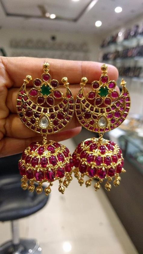 Beautiful Traditional Jhumkas with Pota Stones (1gm Gold) Ruby Earrings Indian, Kids Gold Jewellery, Gold Jewellery India, 1 Gram Gold Jewellery, Buy Gold Jewelry, Clean Gold Jewelry, Polki Earrings, Online Gold Jewellery, Silver Jewellery Indian