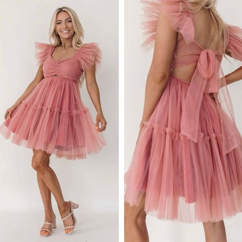 Mable’s Rosie Tulle Dress Features A Sweetheart Neckline With An Open Back-Tie Detail And Statement Sleeves. 95% Polyester, 5% Spandex Fully-Lined Hand Wash Cold, Lay Flat To Dry Sizing Model Is Wearing A Size Small. Height Is 5'6", Bust Is 30", Waist 24", And Hips 30" Measurements Length From Shoulder To Hem - 341/4" Bust - 33" Waist - 26" Statement Sleeves, Measurement Length, Tulle Dress, Sweetheart Neckline, Lay Flat, Colorful Dresses, Hand Wash, Spandex, Pink