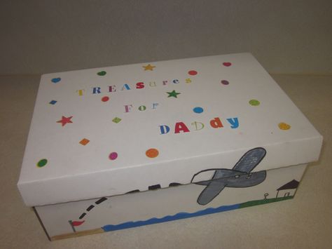 Have your child decorate a shoe box with markers and stickers. This treasure box will be a special place to keep all the cool things they want to show their parent when they come home. Shoe Box Design, Memory Boxes, Box Designs, Shoes Box, Prayer Box, Cool Things, Treasure Box, Treasure Boxes, Box Ideas