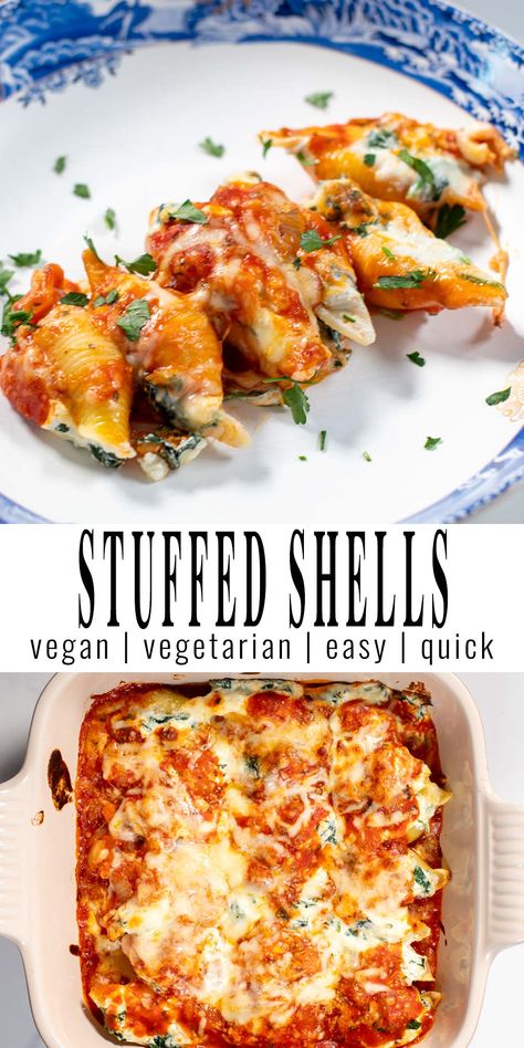 Two photos showing Stuffed Shells and recipe title. Gluten Free Dairy Free Stuffed Shells, Dairy Free Stuffed Shells, Vegan Stuffed Shells Recipe, Stuffed Shells Vegan, Vegetarian Dinner Ideas, Vegan Stuffed Pasta Shells, Vegan Ricotta Stuffed Shells, Easy Mediterranean Recipes, Clean Eating Vegan