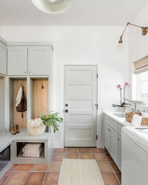 French Country, Cottage & Farmhouse | Love this!✨️ | Facebook Terracotta Floor Tiles, Terracotta Floors, Antique French Doors, Interior Exterior Doors, Terracotta Floor, Farmhouse Interior, Grey Cabinets, Laundry Room Makeover, Terracotta Tiles