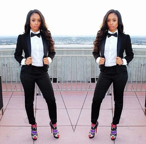 Why not reverse the dressy attire! Keep it girly with color statement shoes. I'd match the shirt to the shoes! Women Bow Tie Outfit, Bow Tie Outfit, Outfit For Ladies, Tie Outfit, Black And White Suit, Dressy Attire, Tuxedo Women, Look Office, White Suit