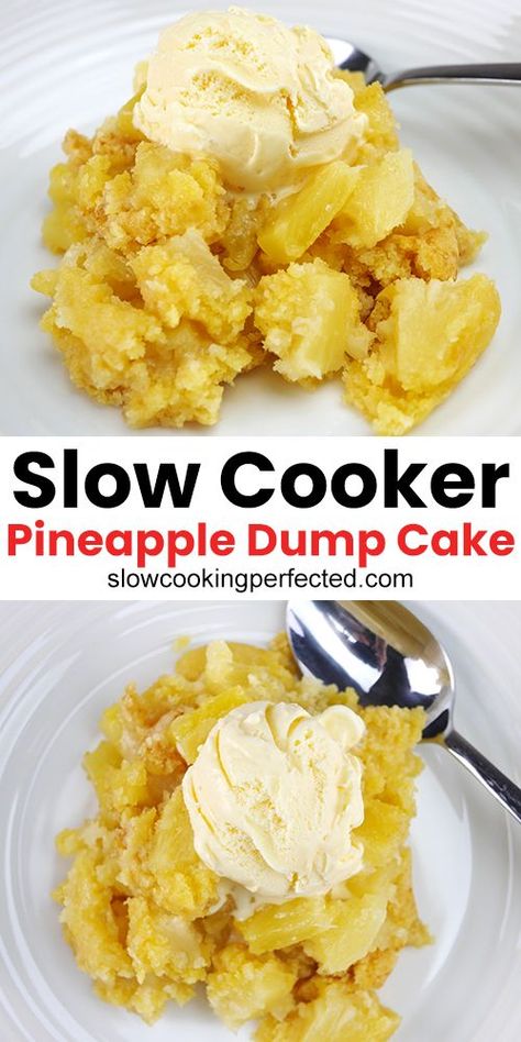 Pineapple dump cake is an excellent easy dessert you can cook in your slow cooker. Crockpot Apple Dump Cake 3 Ingredients, Cranberry Dump Cake, Dump Cake Crockpot, Pineapple Baked, Pineapple Dump Cake Recipe, Crockpot Dessert, Crockpot Cake, Crockpot Desserts, Pineapple Dump Cake