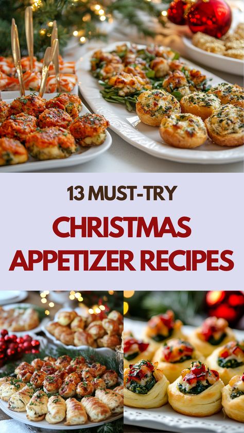 Festive Christmas appetizer spread with a variety of savory bites and finger foods, perfect for holiday gatherings and creating a memorable feast. Holiday Apps Appetizer Recipes, Best Christmas Appetizer Recipes, Christmas Eve Apps Appetizer Ideas, Appetizer Recipes For Christmas Party, Christmas Savory Appetizers, Festive Appetizers Holiday Parties, Christmas Heavy Appetizers, Hot Christmas Appetizers, Finger Food Christmas Party