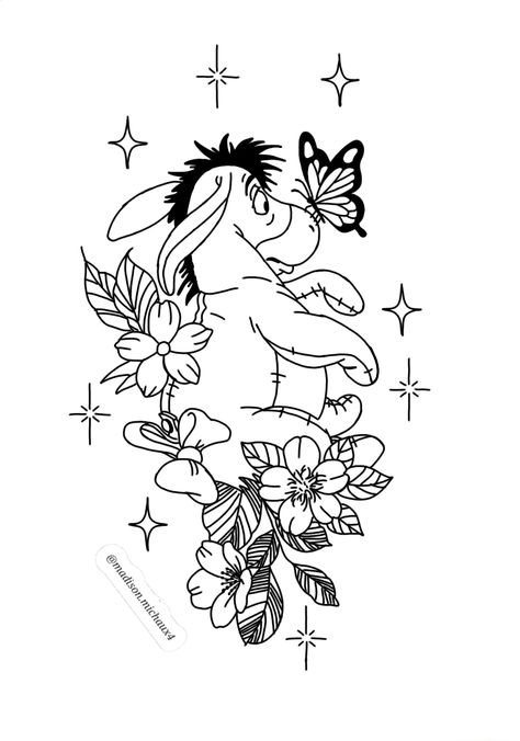 Disney Tattoo Stencil Outline, Colouring Pages For Adults Disney, Eeyore Tattoo Simple, Eeyore Tattoo, Winnie The Pooh Tattoos, Disney Sleeve Tattoos, Winnie The Pooh Drawing, Chest Tattoo Ideas, Cute Matching Tattoos