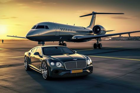 Super car and private jet on landing strip. Business class service at the airport. Business class transfer. Airport shuttle, AI Generative Luxury Airport, Private Airport, Landing Strip, Toyota Innova, Airport Taxi, Airport Shuttle, Bmw 7 Series, Benz S Class, Jaguar Xf