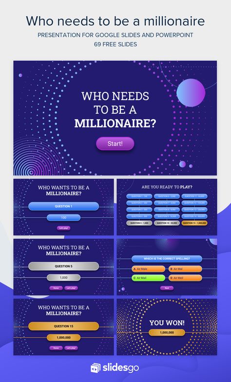 Have fun with this who wants to be a millionaire style question template. Free for Google Slides and PowerPoint. Powerpoint Quiz Template, Powerpoint Game Templates, Ppt Themes, Reading Process, Quiz Design, Powerpoint Slide Designs, Interactive Powerpoint, Powerpoint Games, Powerpoint Design Templates