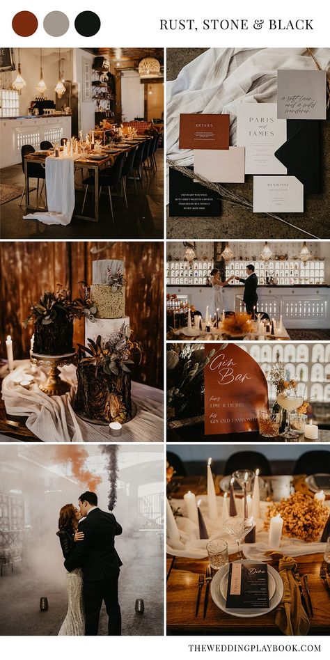 Intimate Modern Wedding Inspiration in Rust, Stone & Black | Photography: Doe and Deer Photography Black Champagne Rust Wedding, Fall Wedding Black Color Schemes, Black And Orange Boho Wedding, Fall Wedding Color Schemes Black, Black Green And Rust Wedding, Wedding Fall Aesthetic, Black Ivory And Rust Wedding, Rustic And Black Wedding, Rust Black And White Wedding