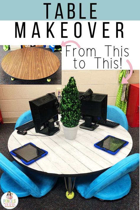 A classroom table transformation is easy with these simple and inexpensive makeover ideas! Update an old table with contact paper and some love! #classroommakeover #kindergarten #preschool #firstgrade #teacherlife Kindergarten Tables, Classroom Table, Flexible Seating Classroom, Teacher Table, Classroom Desk, School Tables, Old Table, Classroom Tables, Classroom Makeover