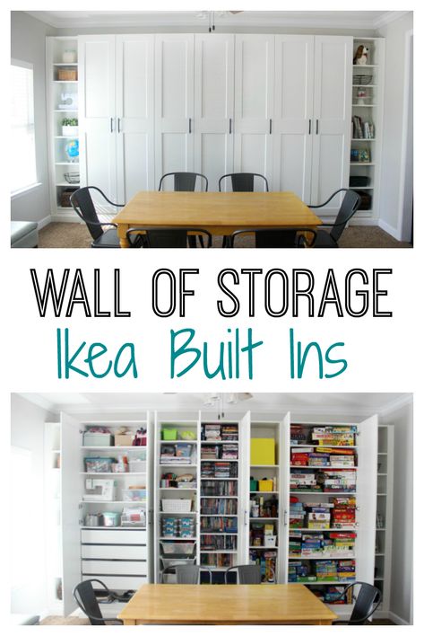 Wall Of Storage, Ikea Wall Storage, Ikea Built In, Ikea Desk Hack, Storage Ikea, Ikea Wall, Kitchen Ikea, Ikea Bedroom, Basement Storage