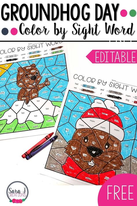 Free groundhog day color by sight word pages. These are awesome because they are editable so you can add any sight word and they will automatically fill into the picture below. These make a great printable activity for kindergarten, first grade, or second grade. Click to download your copy today! Groundhog Day Activities First Grade, Groundhogs Day Kindergarten, Free Groundhog Day Activities, Groundhog Day Printables Free, Groundhog Day First Grade, Sped Preschool, Syllables Kindergarten, Kindergarten Groundhog Day, Groundhog Activities