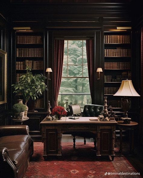 Dark Brown And Green Interior, Dark Wood Room Aesthetic, Dark Academia Aesthetic Office, Vintage Study Room, Moody Academia, Desk Vibes, Victorian Study, Vintage Study, Academia Library