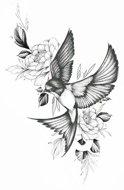 Swallow Holding Flower Tattoo, Swallows And Flowers Tattoo, Neck Tattoos With Meaning, Tattoo Golondrina, Floral Bird Tattoo, Golondrinas Tattoo, Bird Tattoo Design, Swallow Tattoo Design, Swallow Bird Tattoos