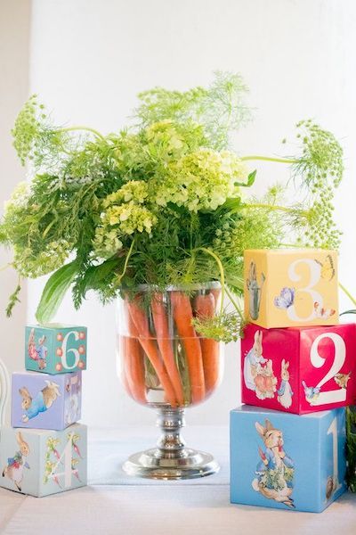 Carrot Centerpiece Ideas, Garden Theme Tablescape, Beatrix Potter Baby Shower Ideas Girl, Peter Rabbit Baby Shower Centerpieces, Beatrice Potter Baby Shower Ideas, Velveteen Rabbit Baby Shower Ideas, Peter Cottontail Baby Shower Ideas, Peter Rabbit Themed Baby Shower Ideas, Spring Baby Shower Ideas For Boys