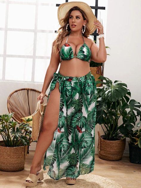 3pack Plus Tropical Triangle Bikini Swimsuit & Cover Up | SHEIN USA Ford F650, Shein Style, Swimsuit Cover, Tropical Print, Beautiful Outfits, Fashion News, Halter Dress, Two Piece Pant Set, Maxi Skirt