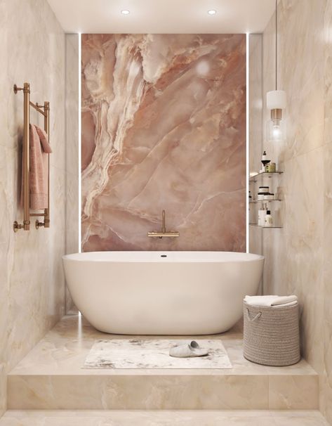 Bathroom Tiles With Highlighter, Honey Onyx Bathroom, Bathroom Highlighter Tiles Ideas, Pink Onyx Bathroom, Pink Marble Bathroom, Marmor Bathroom, Reception Interior, Feminine Bathroom, Pink Toilet