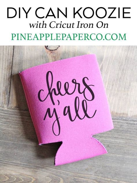 DIY Cheers Y'all Custom Koozie by Pineapple Paper Co. #beerkoozies #diykoozies Koozies Diy, Easy Hostess Gifts, Cricut Iron On Vinyl, Projets Cricut, Custom Koozies, Diy Cans, Cricut Explore Air, Diy Cricut, Cricut Creations