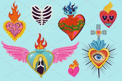 Mexican Heart Wallpaper, Cross Doodle, Milagros Heart Tattoo, Mexican Iconography, Mexican Hearts Art, Mexican Heart Illustration, Mexican Cross, Heart Milagro, Milagro Heart