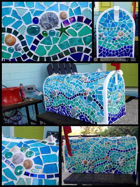 Mailbox Makeover, Life In Pieces, Painted Mailboxes, Unique Mailboxes, Mosaic Furniture, Mailbox Ideas, Mailbox Decor, Shell Mosaic, Tile Projects