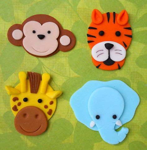 12 JUNGLE ANIMALS. Edible Fondant Cupcake Toppers - Monkey, Tiger,  Giraffe and Elephant Kue Fondant, Deco Cupcake, Cupcake Fondant, Cupcake Tier, Cupcakes Fondant, Ideas Cupcakes, Cupcakes Birthday, Jungle Cake, Safari Cakes