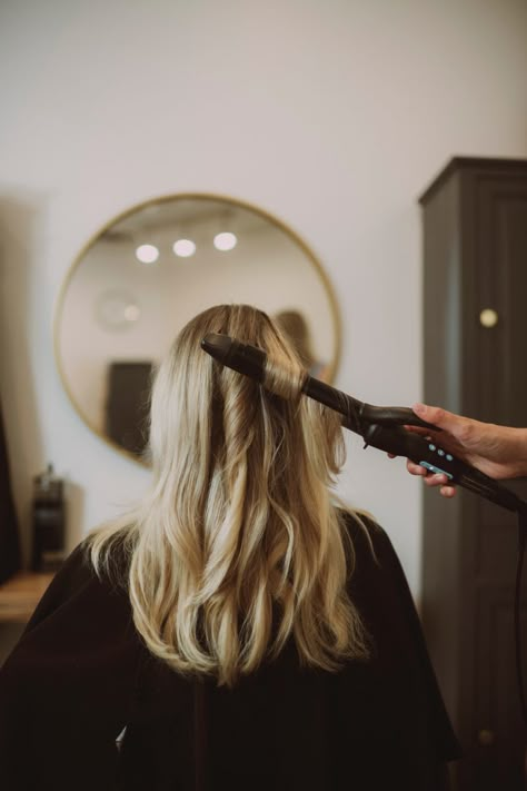 Women getting her hair curled Hairstylist Mood Board, Aesthetic Hairstylist Photos, Hairstylist Instagram Aesthetic, Salon Asthetic Picture, Hair Stylist Photo Shoot, Hair Room, Hair Stylist Aesthetics, Hairdresser Headshots, Hairdressing Aesthetic