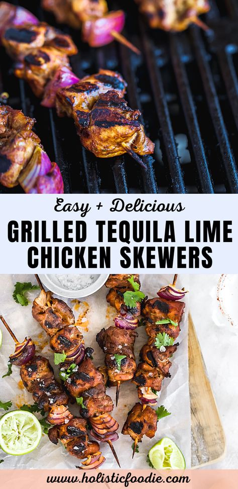 Get your grill ready! This easy tequila lime chicken marinade takes only minutes to whip up and 15 minutes to grill. These smoky and flavorful chicken skewers are perfect for a quick summer dinner. Chicken Skewers Marinade, Pellet Grilled Chicken, Lime Chicken Marinade, Chile Lime Chicken, Smoked Pork Recipes, Lime Marinade For Chicken, Tequila Lime Chicken, Skewers Grill, Grilled Fruit