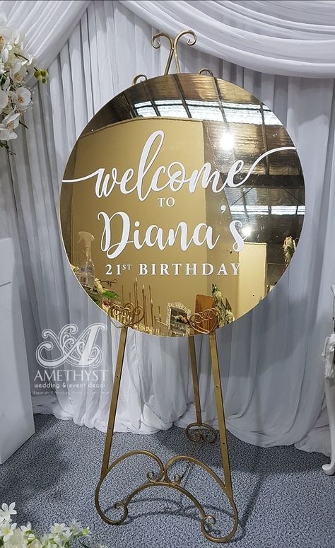 Gold Acrylic Signage, Mirror Birthday Sign, Plan Board, Laser Signs, 21st Ideas, Wedding Sign Decor, Skin Bar, Acrylic Signage, Amethyst Wedding