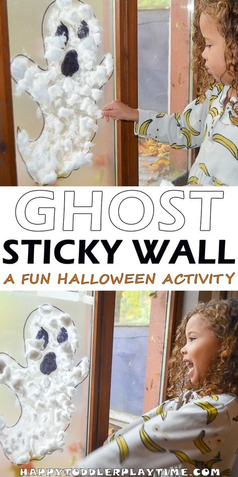 Halloween Ghost Sticky Wall - HAPPY TODDLER PLAYTIME Halloween Fun For Kids, Halloween Costumes For Big Kids, Halloween Activities For Toddlers, Sticky Wall, Halloween Infantil, Ghost Crafts, Fine Motor Activity, Halloween Crafts For Toddlers, Halloween Arts And Crafts