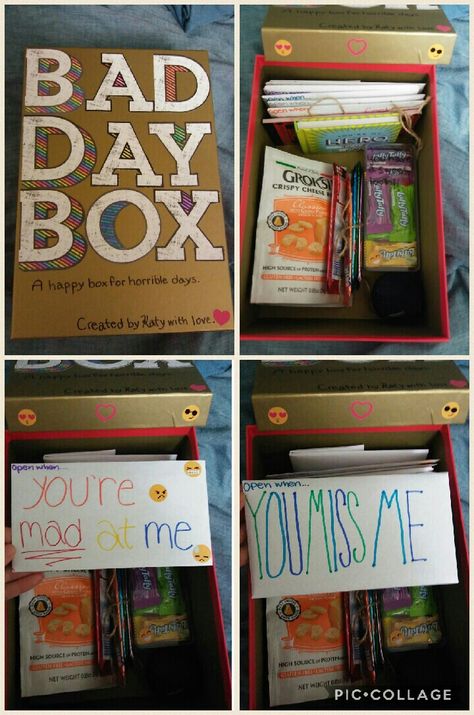 Bad Day Box!! Perfect gift for your boyfriend/girlfriend/etc. whether you live far away or together. Add their favorite snacks and knick knacks for a thoughtful, one-of-a-kind gift :) Bad Day Box, Diy Gifts For Christmas, Gift For Your Boyfriend, Presente Diy, Personal Gifts, Bf Gifts, Boyfriend Diy, Gifts For Boyfriend