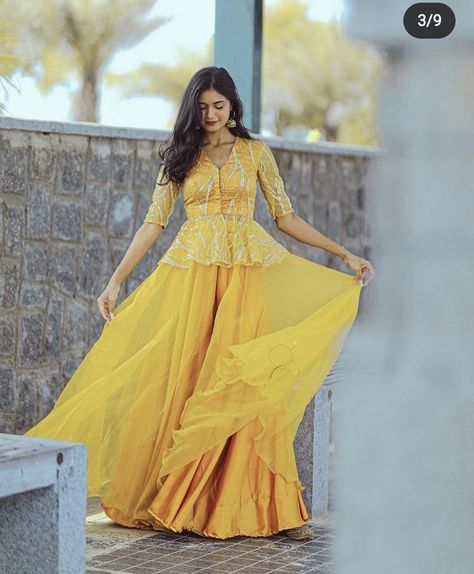 Pithi Outfit Ideas, Sharara Dress For Haldi, Traditional Yellow Dress, Haldi Lehanga Design, Formal Koti Men, Lahanga Design Latest For Haldi, Long Top For Lehenga, Peplum Top For Lehenga, Haldi One Piece Dress