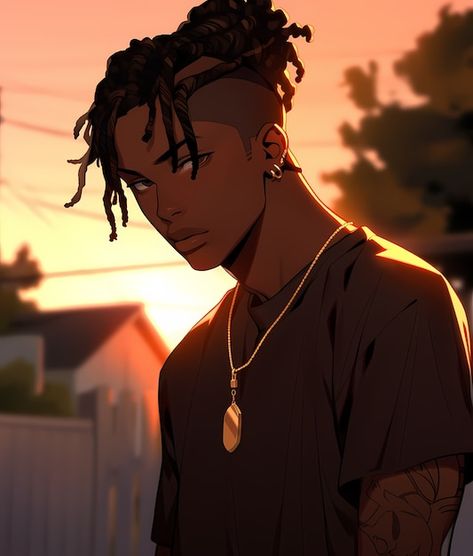 Dreads Anime, Black Man With Dreads, Man With Dreads, Surfer Guys, Black Anime Guy, Man Portrait, Black Cartoon Characters, Swag Cartoon, Dark Anime Guys