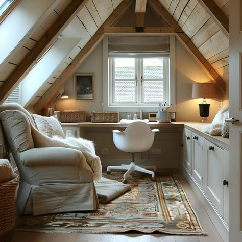 Transform your attic into a serene home office haven. This cozy space features white oak ceiling beams, skylights for natural light, and a warm neutral palette. Enjoy a vintage rug, comfortable seating, and a small desk, perfectly complemented by white cabinets and accent lighting. Ideal for peaceful productivity. Small Home Office Attic, Vaulted Ceiling Office Space, Small Finished Attic Ideas, Sloped Ceiling Office, Attic Office Ideas Sloped Ceiling, Cozy Attic Spaces, Small Attic Office, Oak Ceiling Beams, Peaceful Productivity