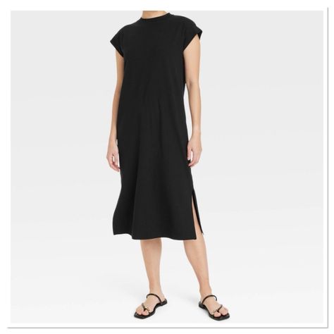 Midi Shirtdress Size Xs Color - Black Cap Short Sleeve Crewneck Side Slits Midi Length Stretchy Jersey Fabric 018097713 Jean Jacket Outfits Summer, Basic Midi Dress, Casual Work Dress, Womens T Shirt Dress, Sleeveless Wrap Dress, Fitted Midi Dress, Black Tank Dress, Bandeau Dress, Red Midi Dress