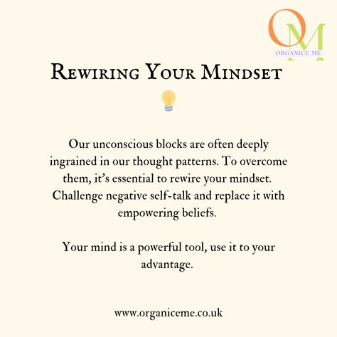 Your unconscious blocks are deeply rooted in your thought patterns. To overcome them, it's essential to rewire your mindset. Challenge negative self-talk and replace it with empowering beliefs. Your mind is a powerful tool—use it to your advantage. 💡 #MindsetRewiring #SelfEmpowerment #PositiveThinking #OvercomingFear #PersonalGrowth #FaceYourFears #GetOrganiced #OrganiceMe #Success #Organised #StayAhead #Organisation #Efficiency #PersonalDevelopment #SuccessJourney Empowering Beliefs, Mindset Challenge, Thought Patterns, Negative Self Talk, Self Empowerment, Overcoming Fear, Self Talk, Negative Thoughts, Positive Thinking