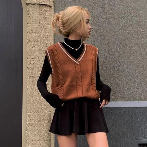 #outfits #outfitstyle #darkacademia #aesthetic #fashion #cuteoutfit #vest #black #blackoutfit #blackskirt #skirtoutfits Brown Vest Outfit, Vest Outfits Aesthetic, Brown Sweater Vest, Sweater Skirt Outfit, Knit Y2k, Aesthetic Outfits Y2k, Herringbone Knit, Sweater Vest Outfit, Aesthetic Sweaters