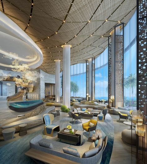 Futuristic Hotel Lobby, Lobby Hotel Plan, Luxury Hotel Lobby Lounge, Modern Hotel Lobby Design Luxury, Hobby Lobby Wall Decor Ideas, Modern Hotel Lobby, Hotel Lobby Lounge, Modern Lobby, Luxury Hotels Lobby