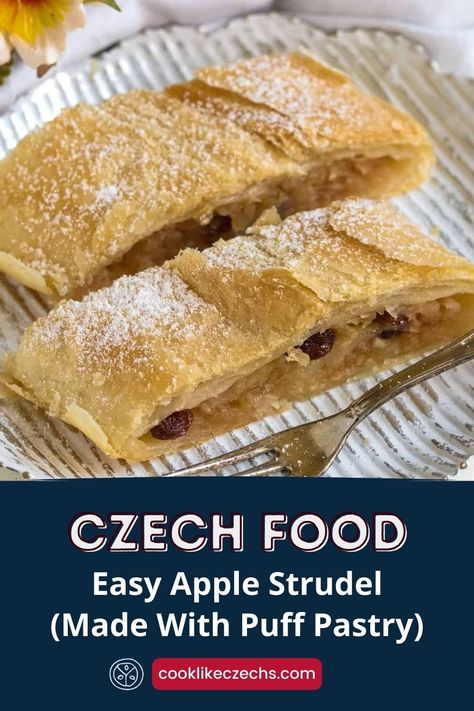 Quick apple strudel made with puff pastry. With shredded apples, cinnamon and raisins. Czech recipe called "jablečný štrúdl". Czech Apple Strudel Recipe, Apple Strudel Puff Pastry, Easy Apple Strudel, Puff Pastry Apple, Czech Food, Strudel Recipes, Easy Puff, Apple Puff Pastry, Apples Cinnamon