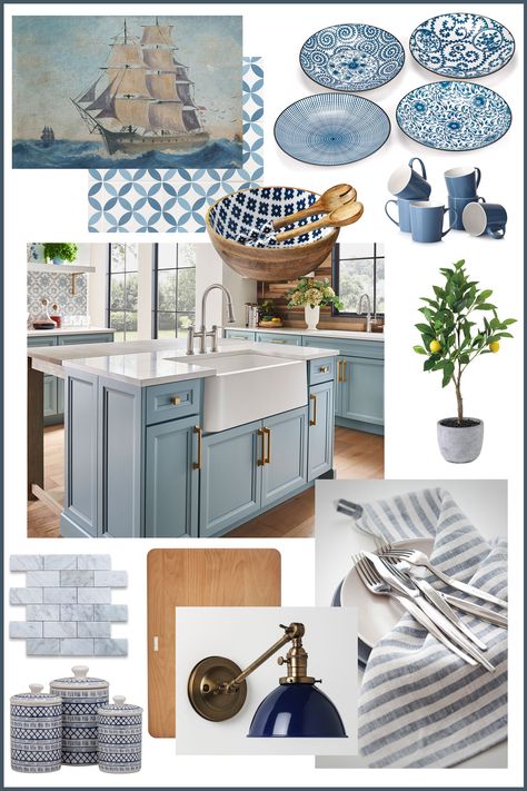 Digital Mood Board, Magnolia Home Decor, Mood Board Interior, Kitchen Mood Board, Kitchen Colour Schemes, Interior Design Boards, Interior Design Mood Board, Blue Kitchen, Mood Board Design