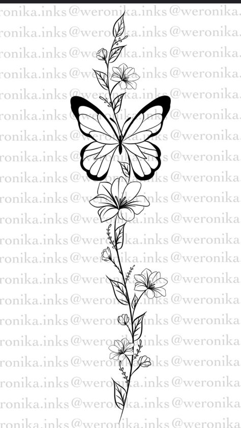 Half Butterfly Half Flower Tattoo Simple, Butterfly Flower Spine Tattoo, Growing Butterfly Tattoo, Butterfly And Vine Tattoo Design, Flowers And Butterflies Tattoos, Butterfly Spine Tattoo, Flower Vine And Butterfly Tattoo, Butterfly Memorial Tattoo, Fine Line Tattoo Butterfly Flower