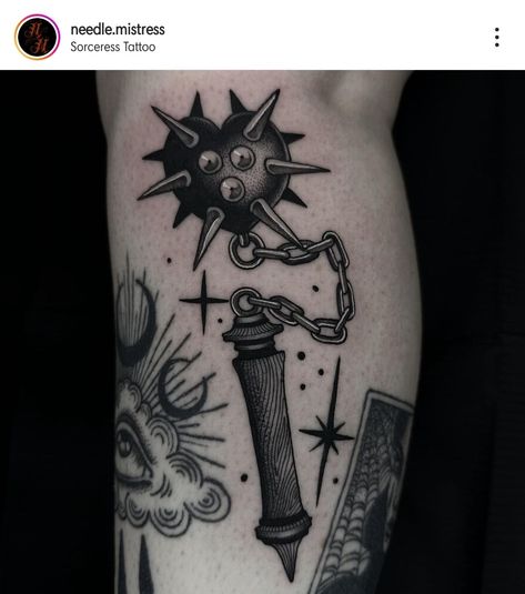 Goth Shin Tattoo, Mace Tattoo, Flail Tattoo, Medieval Mace, Tattoo 2023, Shin Tattoo, Medieval Tattoo, Tattoo Filler, Goth Tattoo