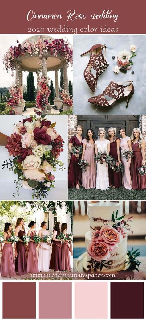 Mauve And Wine Red Wedding, Wine Color Pallet Wedding, Burgundy And Cinnamon Rose Wedding, Cinnamon Rose And Dusty Rose Wedding, Cinnamon Rose Palette, Cinnamon Rose Wedding Color Scheme Flowers, Mauve And Wine Wedding Colors, Cinnamon Pink Wedding, Wine Rose Gold Wedding