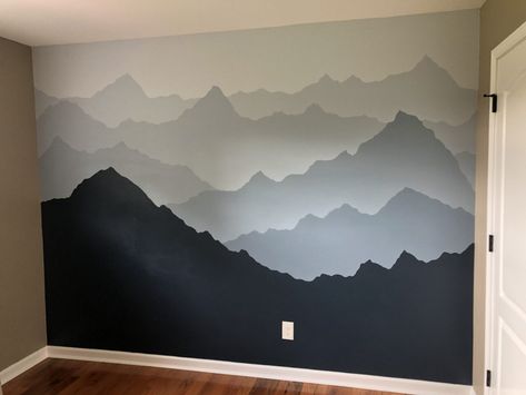 How to Paint a Mountain Mural - DIY With Me - Whitney Mountain Murals On Wall, Wall Mountain Mural, Wall Murals Painted Mountains, Painted Mountains On Wall, Trees Painted On Walls, Easy Mountain Wall Mural Diy, Mountains Mural Diy, Mountain Mural Bedroom, Simple Tree Mural