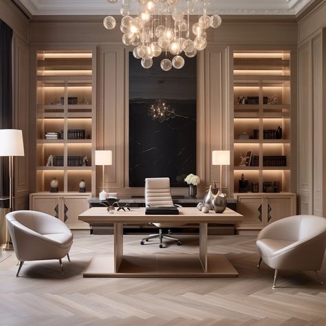 THI by SARAH (@thehauteinteriors) • Instagram photos and videos Executive Office Design Interior, Minimal Office Design, Luxury Home Library, Executive Office Design, Modern Brick House, Elegant Home Office, Home Library Rooms, Modern Home Offices, Office Built Ins