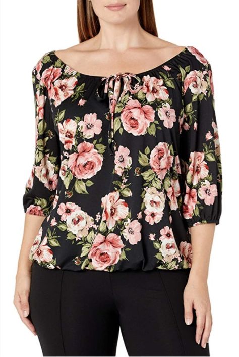 Star Vixen Women's 3/4 Sleeve, Front Tie Peasant Floral Top Black Pink Rose Outfit Ideas Turtle Neck, Floral Print Tops For Women, Women Blouses Fashion, Black Floral Blouse, Black Floral Top, Indian Designer Outfits, Black Turtleneck, Women Blouses, Peasant Top