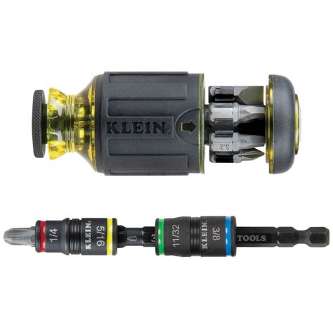 The Klein Tools 12-in-1 Impact Rated Stubby Driver Set functions both as a multi-bit screwdriver and impact driver attachment. Set includes two flip sockets containing a total of four different nut setter sizes, seven driver bits and a 1/4-Inch deep bit holding feature. Industrial-strength bits are conveniently housed in the Cushion-Grip™ handle which provides outstanding comfort and control. Klein Tools Bi-material Handle Multi-bit Multi Tool Screwdriver | 32308HD New Milwaukee Tools, Makita Tools, Festool Tools, Bosch Tools, Automotive Mechanic, Pocket Tool, Mechanic Tools, Klein Tools, Cordless Tools