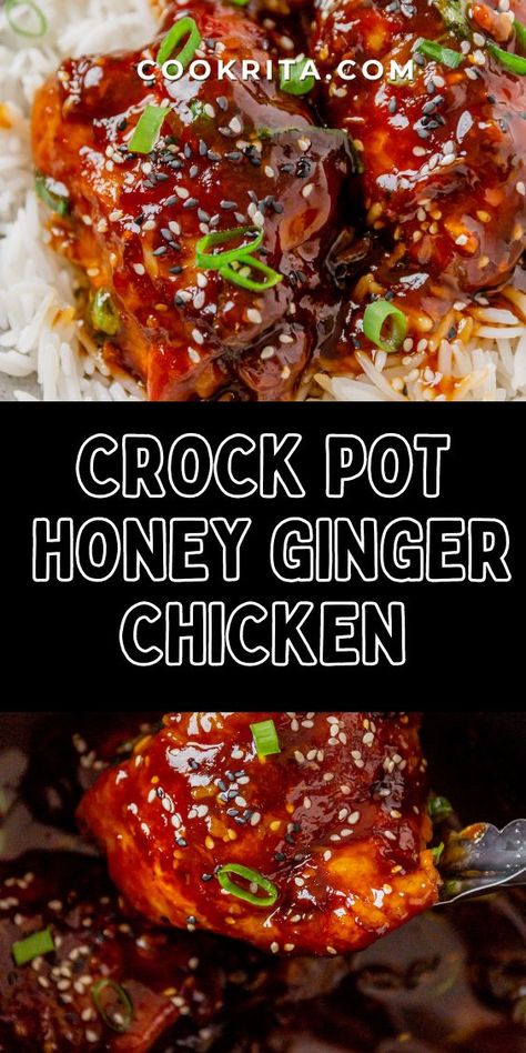 Crock Pot Honey Ginger Chicken Thighs Honey Garlic Chicken Crock Pot, Honey Soy Chicken Thighs, Honey Ginger Chicken, Sticky Chicken Thighs, Honey Chicken Thighs, Garlic Ginger Chicken, Ginger Chicken Recipes, Chicken Thigh Marinade, Crockpot Chicken Thighs