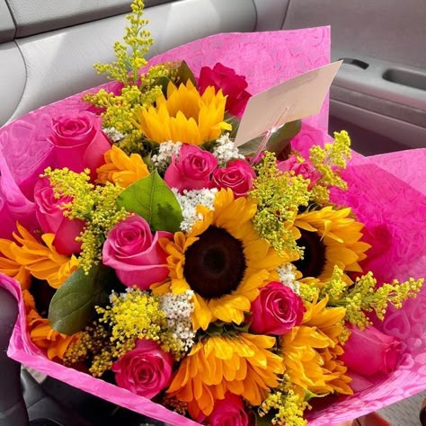 Yellow Pink Bouquet, Gerbera Daisy Bouquet, Yellow Flower Arrangements, Roses Bouquet Gift, Pink Flower Arrangements, Pink Flower Bouquet, Sunflowers And Roses, Sunflower Arrangements, Yellow Bouquets