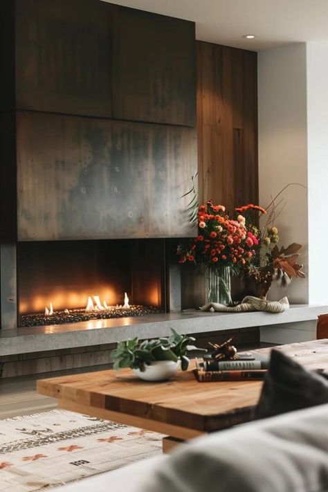 Warm Up Your Space: Fireplace Accent Wall Ideas Industrial Style Fireplace, Fireplace Accent Wall Ideas, Ravine House, Eco Fireplace, Fireplace Accent Wall, Stylish Fireplace, Industrial Fireplace, Copper Fireplace, Bronze Fireplace